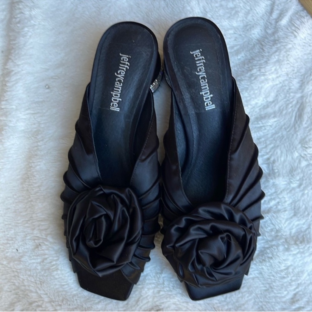 Jeffrey Campbell Black Satin Rosette Slip-On Mules